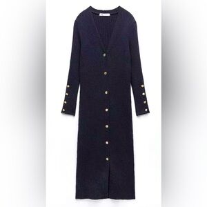 ZARA Navy Blue Gold Buttons Midi Dress Knit Stretch V-neck Small NWOT